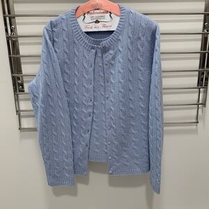 Baby blue cable knit 2 ply cashmere crew neck sweater set